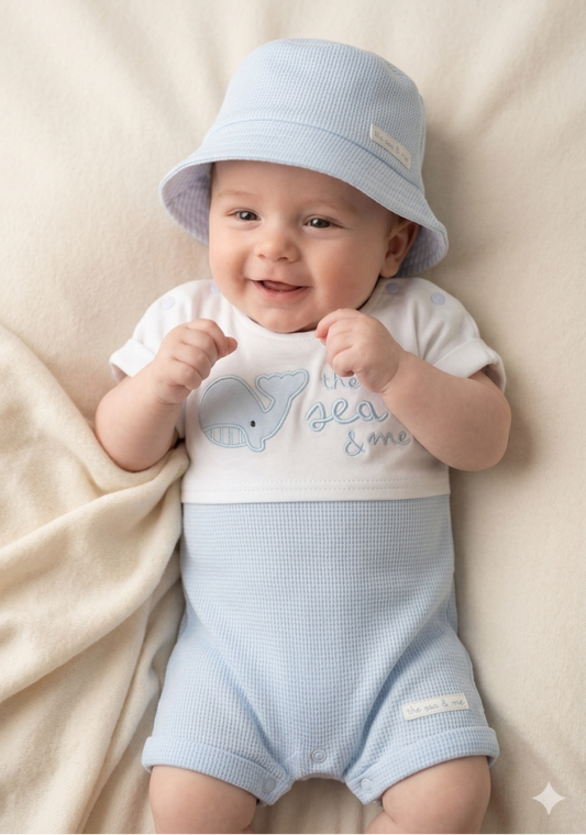 Baby wearing a light blue outfit with a matching hat, lying on a beige blanket.