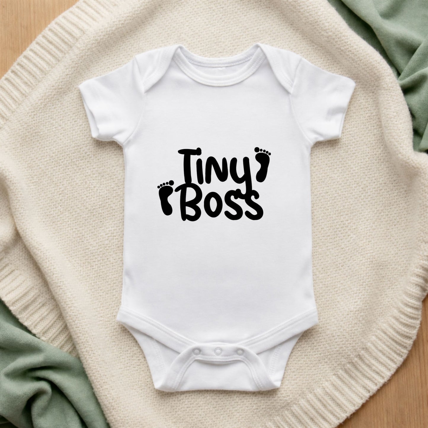 White baby onesie with 'Tiny Boss' text on a textured surface