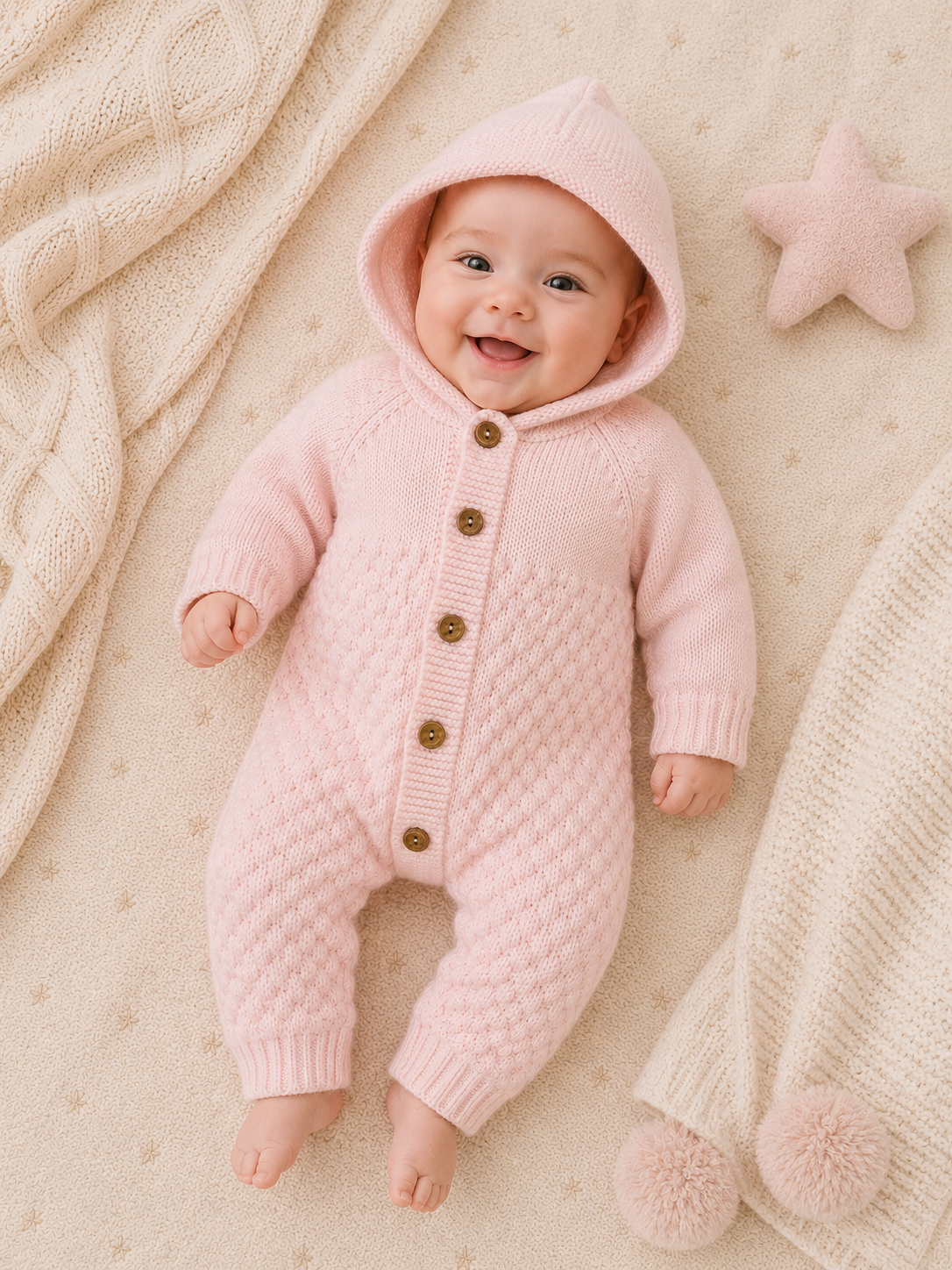 Baby wearing a pink knitted onesie with buttons, lying on a soft surface.
