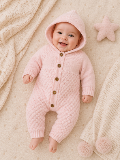 Baby wearing a pink knitted onesie with buttons, lying on a soft surface.
