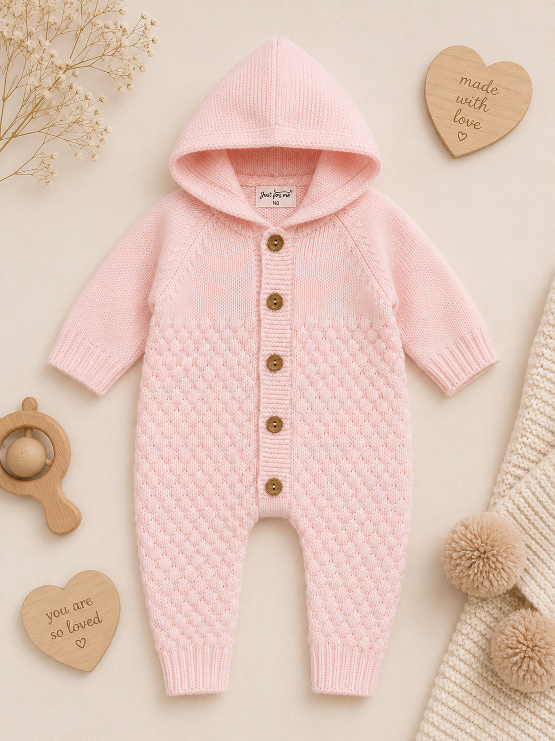 Pink knitted baby romper with buttons on a light background
