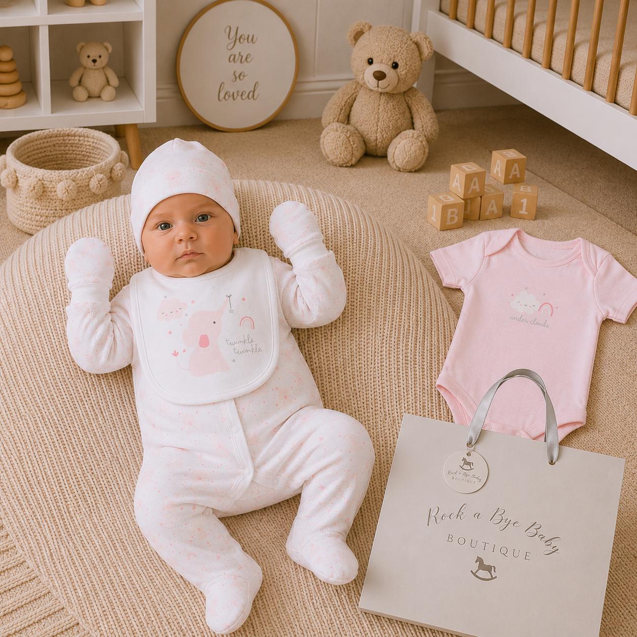 Baby in white outfit with pink accents in a nursery setting, surrounded by toys and a 'Rock a Bye Baby' bag.