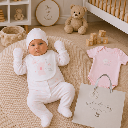 Baby in white outfit with pink accents in a nursery setting, surrounded by toys and a 'Rock a Bye Baby' bag.