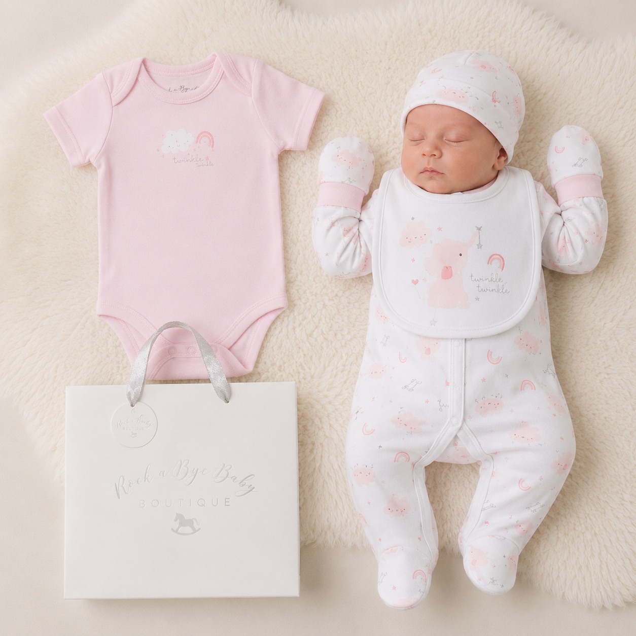 Newborn baby in pink and white outfit with matching onesie and hat on a soft surface.