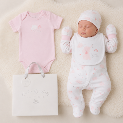 Newborn baby in pink and white outfit with matching onesie and hat on a soft surface.