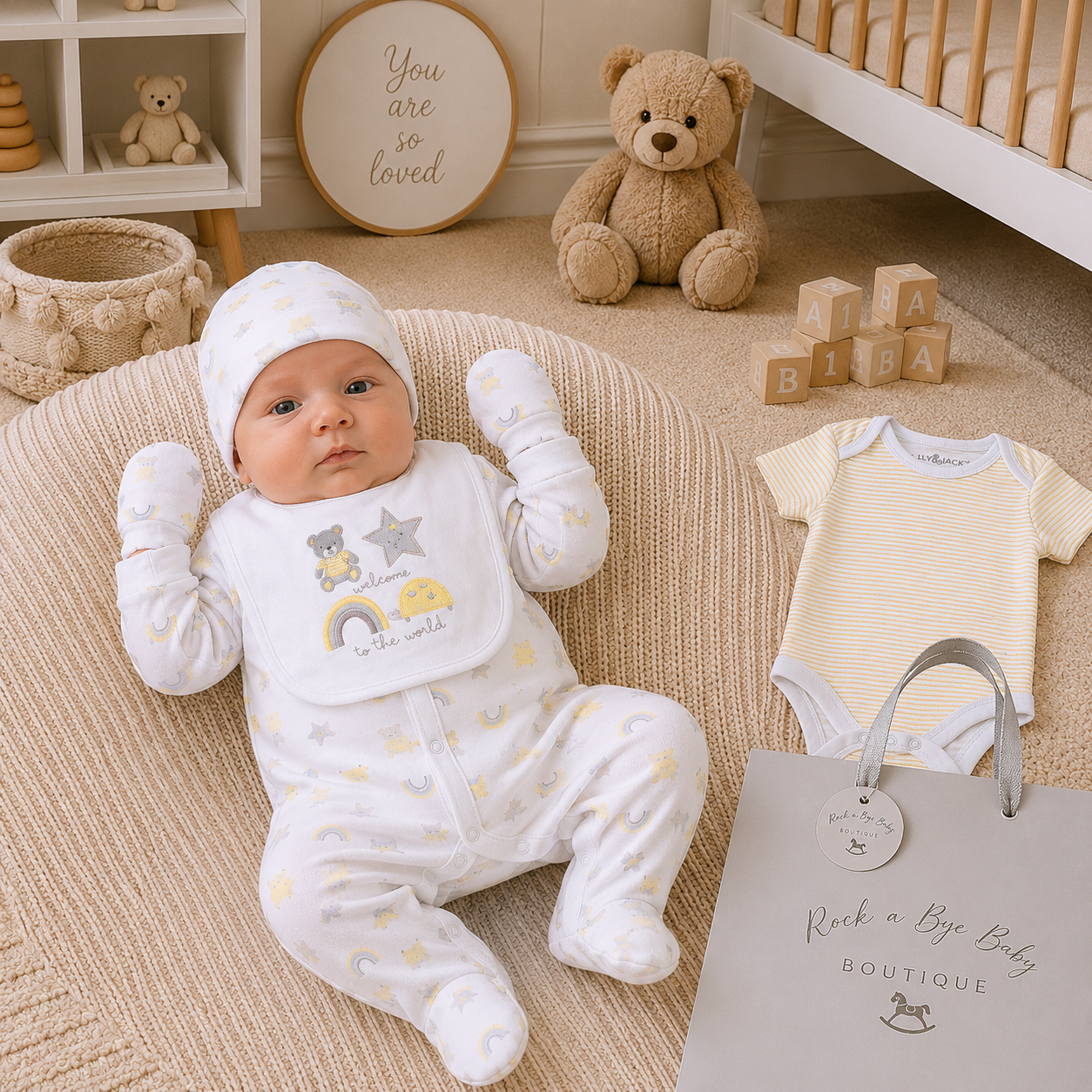 Newborn baby in a white outfit with teddy bear design, surrounded by baby items in a nursery.