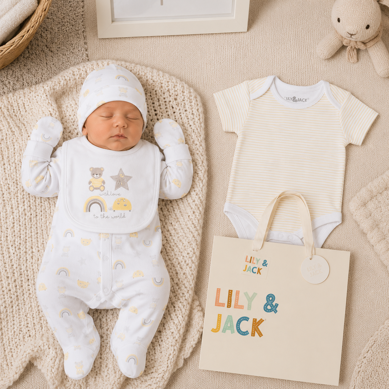 Newborn baby in a white outfit with matching bib and hat, surrounded by baby clothes and a bag with 'LILY & JACK' branding on a beige textured surface.