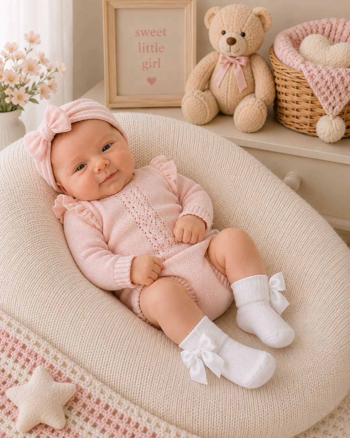 Baby in pink outfit sitting in a crib with teddy bear and decorative items.