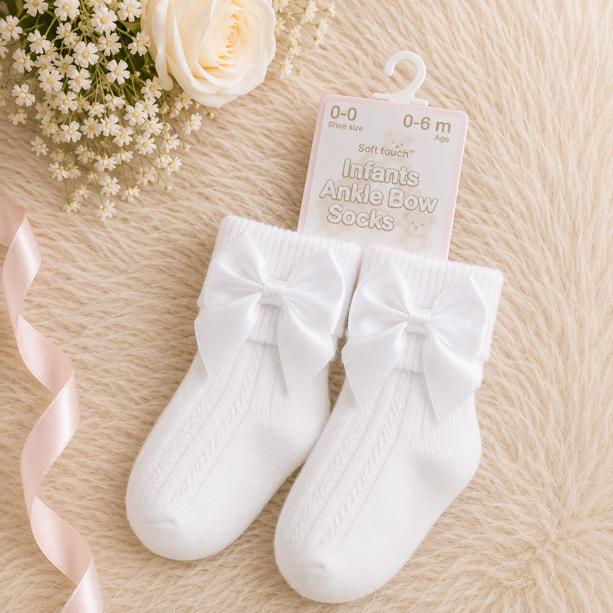White infants' ankle bow socks on a beige surface with flowers and ribbon.