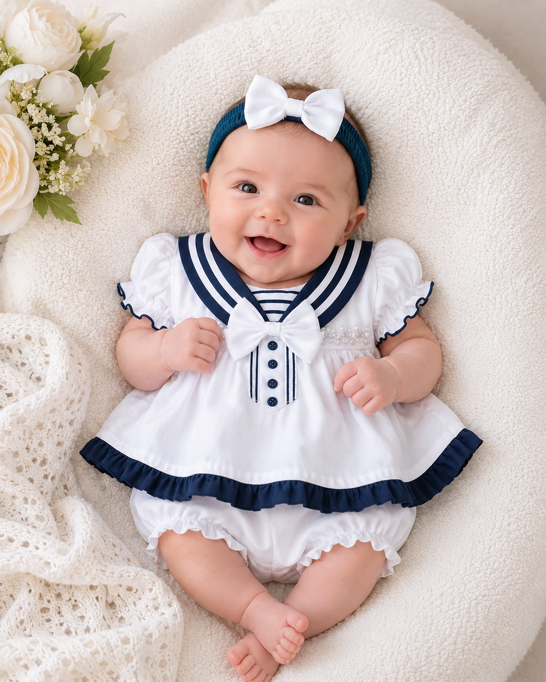 Baby in a nautical-themed outfit lying on a soft surface with flowers in the background
