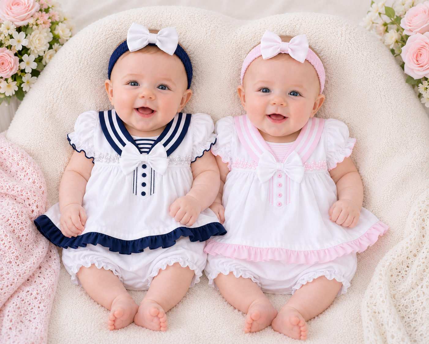 Two babies in matching outfits with bows on a soft surface.