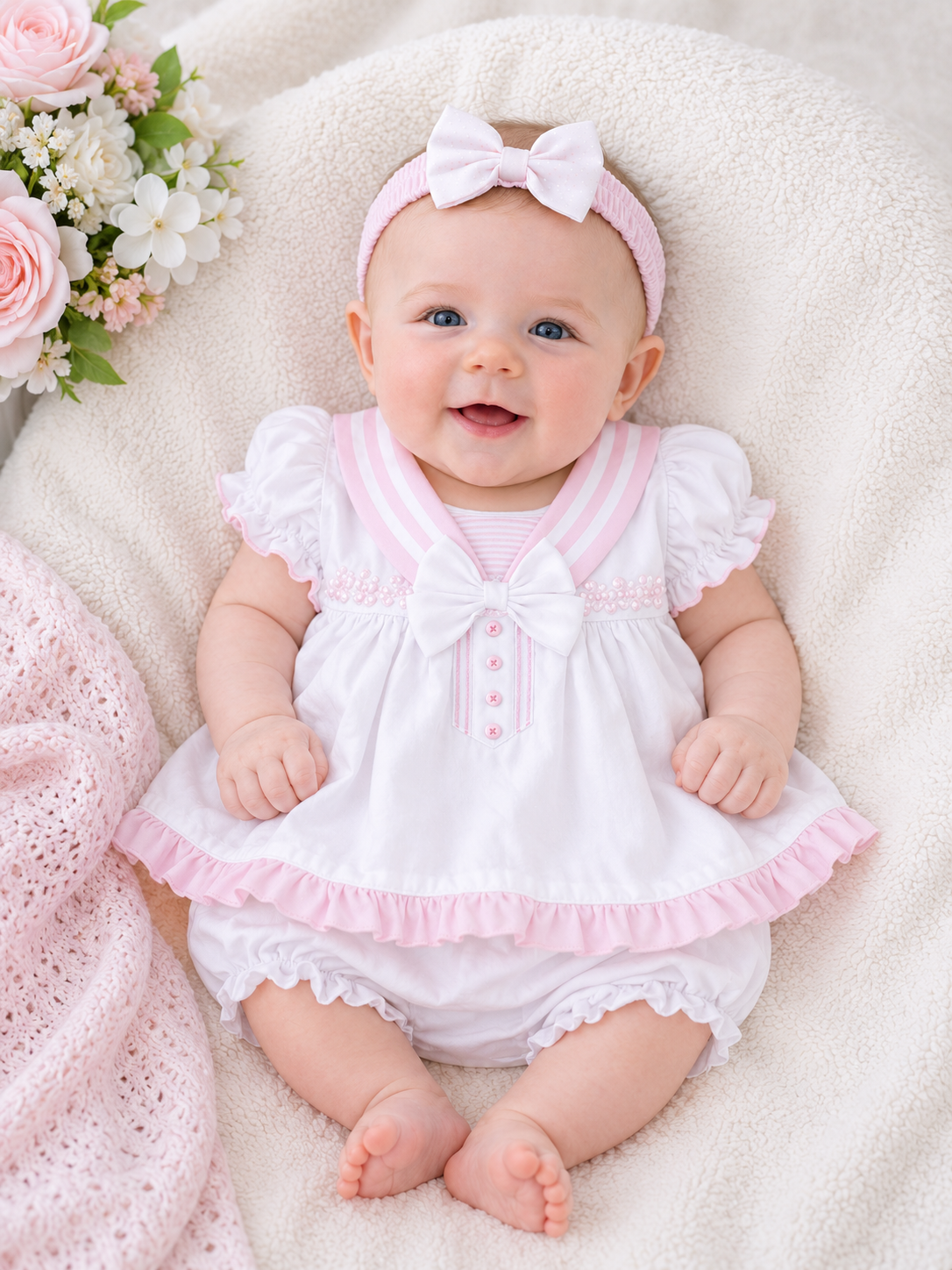 Baby in a pink and white outfit with a bow headband on a soft surface with flowers.