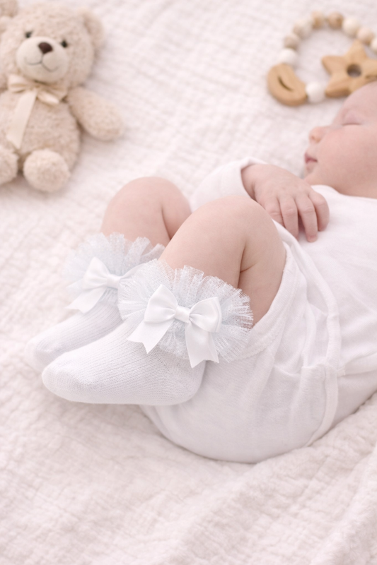 Flat lay mock-up of white frilly infant socks with satin bows, styled on a soft quilted blanket with neutral baby accessories including a teddy bear, wooden toys, and booties for a delicate nursery aesthetic.