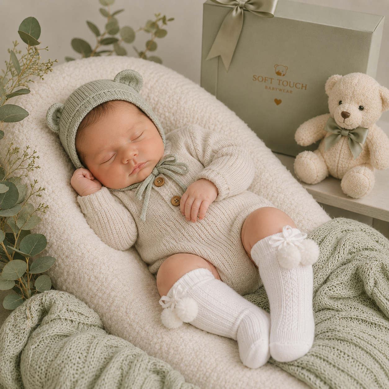 Newborn baby in a cozy setting with a teddy bear and soft touch product box.