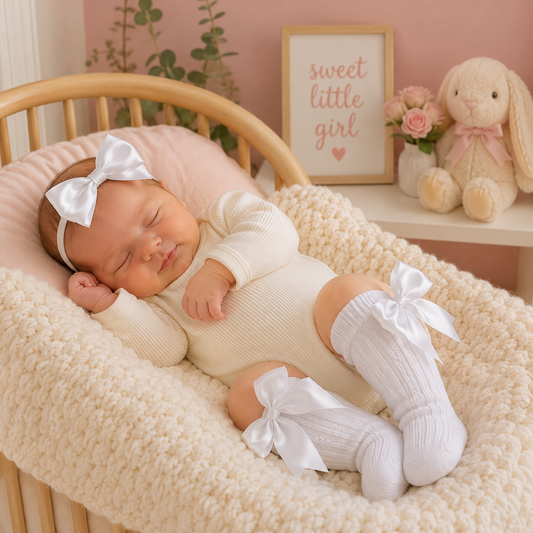 Newborn baby in a crib with white bow headband and socks, surrounded by soft textures and pastel colors.
