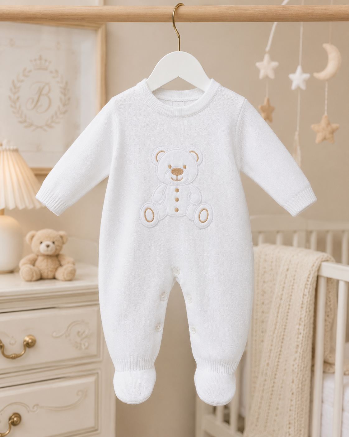 White baby onesie with teddy bear design hanging in a nursery.