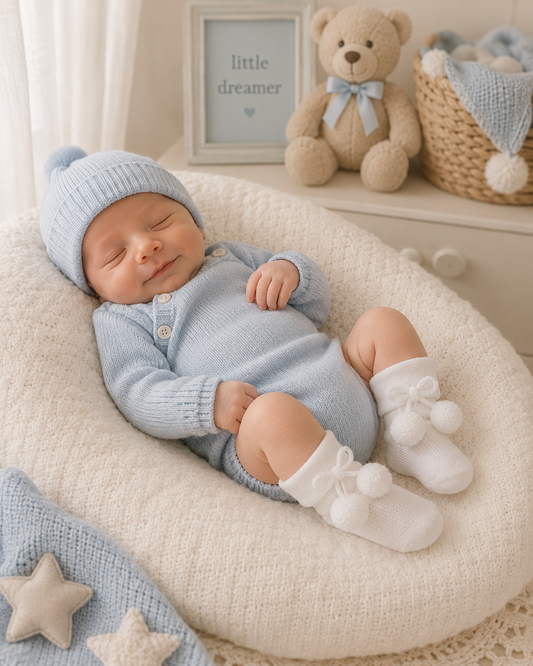 Newborn baby in blue knitted outfit lying on a white cushion with teddy bear and decorative items in the background.