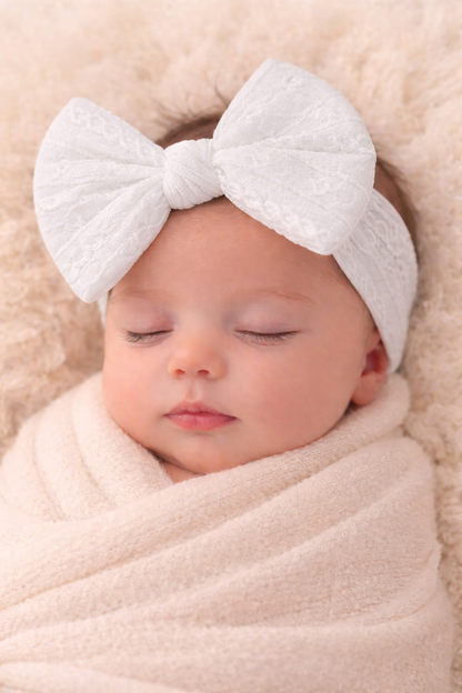White Textured Bow Baby Headband – Soft Newborn Accessory