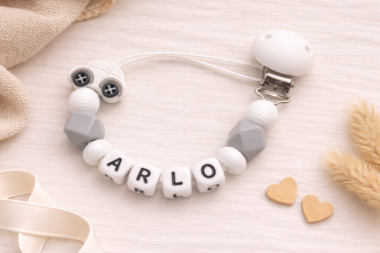 Personalised white and grey car silicone dummy clip
