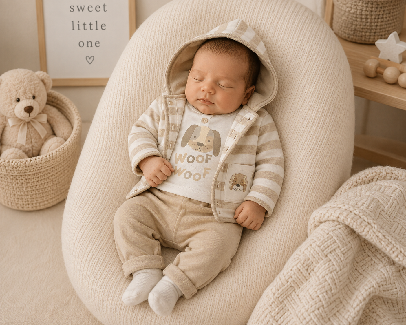 Newborn baby wearing Woof Woof 3-piece velour outfit with striped hooded jacket, puppy dog bodysuit and beige jogger trousers