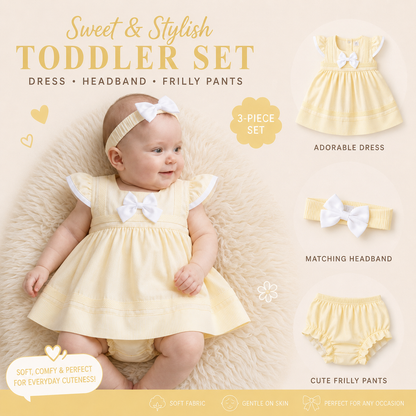Baby girl wearing yellow 3-piece dress set with white bow, flutter sleeves, frilly bloomers and matching yellow headband