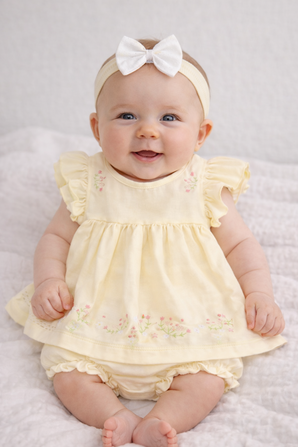 Yellow Floral Embroidered Baby Dress Set with Frilly Pants & Headband