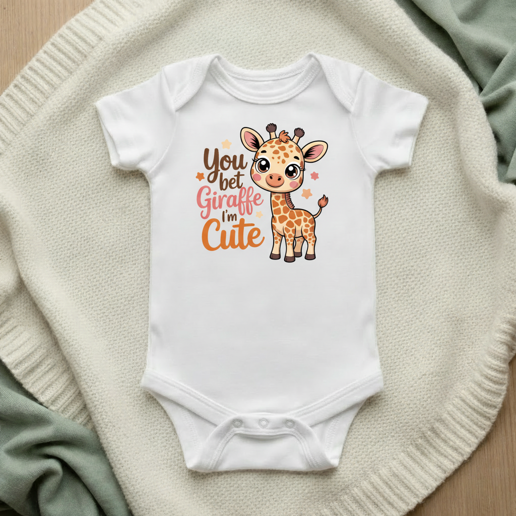 You Bet Giraffe I'm Cute baby bodysuit mockup flat lay on cream knit blanket