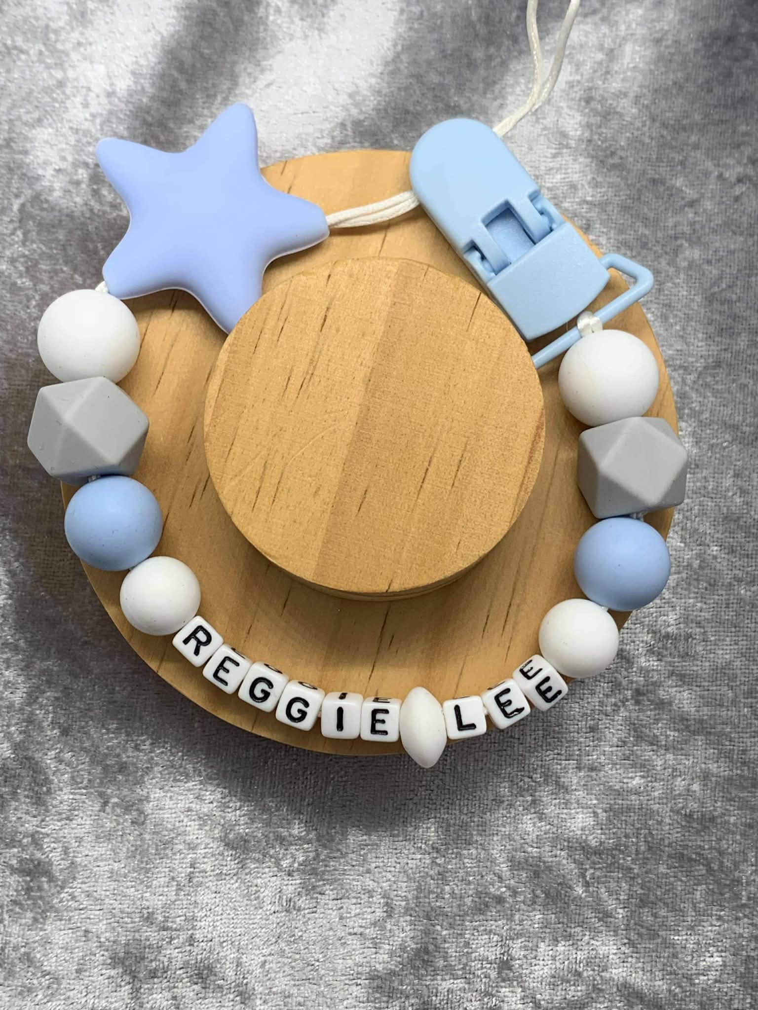 Blue Grey Personalised Dummy Clip Mam Dummy Holder New Baby Gift - STARS