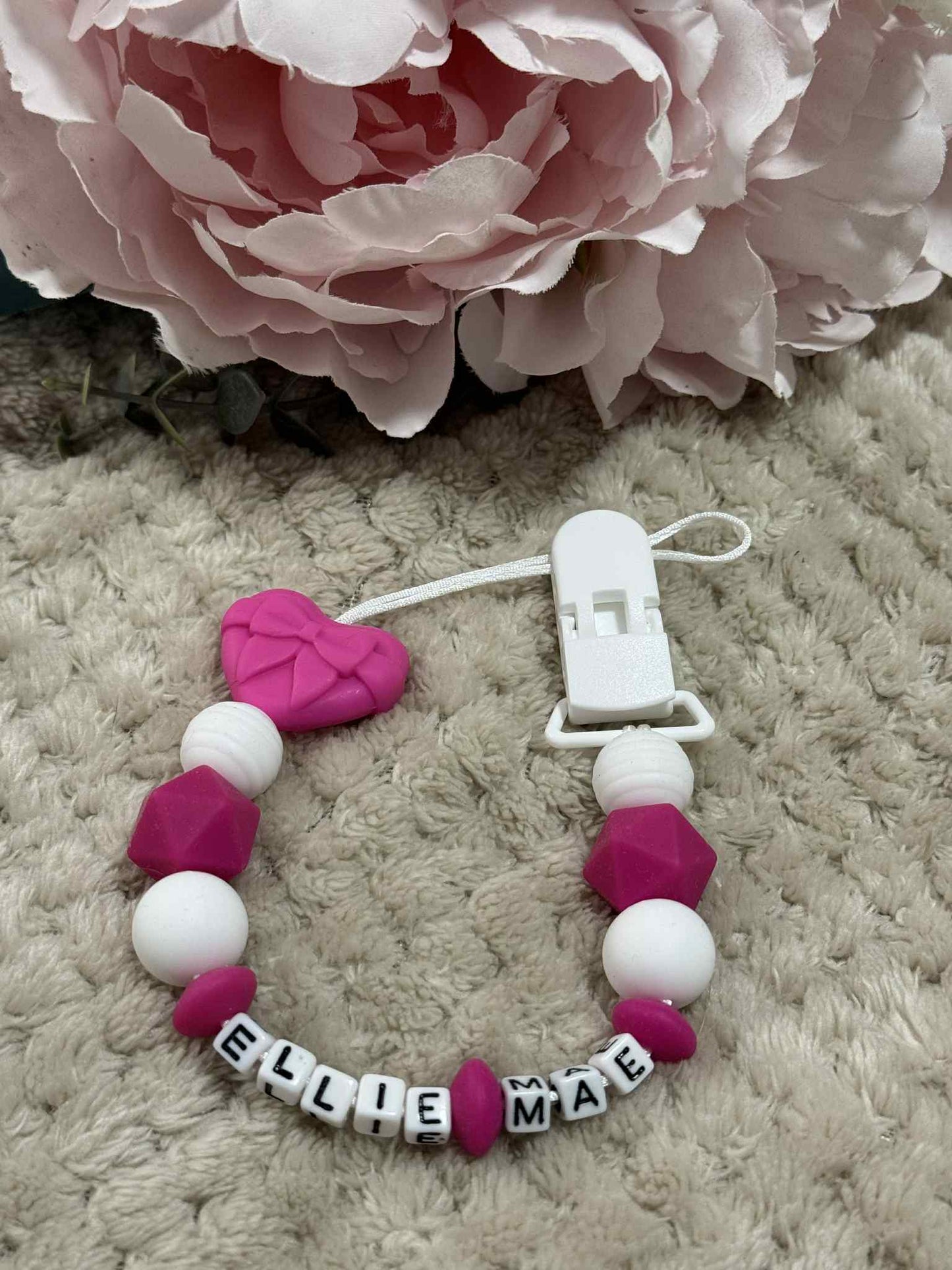 Personalised Heart Dummy Clip for Baby Girls – Custom Name