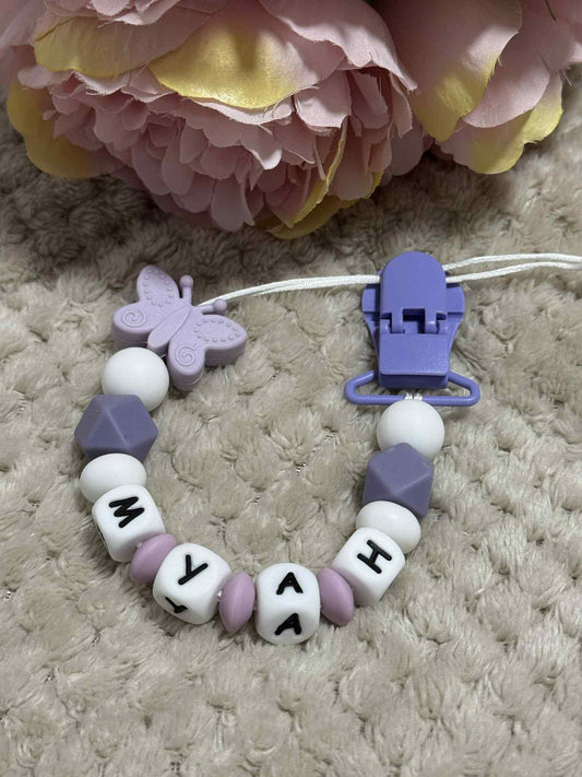 Purple Butterfly Dummy Clip - Custom Silicone Pacifier Holder (Silicone Letter Design)