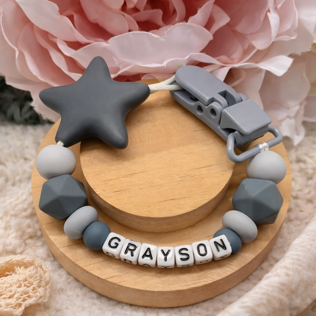 Personalised Grey Star Dummy Clip (Small Plastic Letter Design)