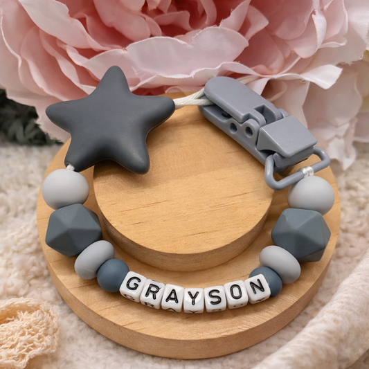 Personalised Grey Star Dummy Clip (Small Plastic Letter Design)