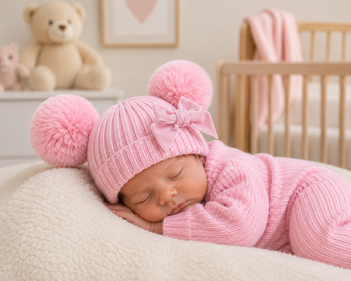 Pink Ribbed Double Pom Pom Baby Hat with Bow – Newborn to 12 Months ✨