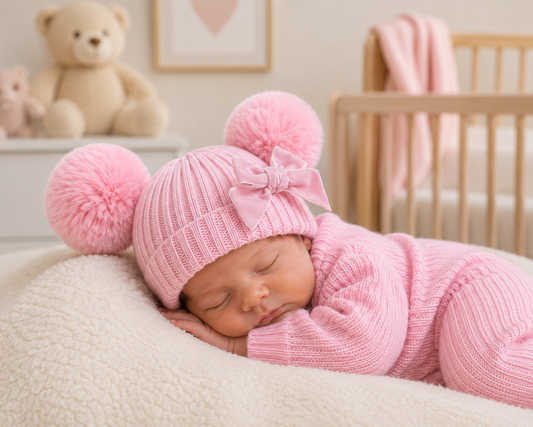 Pink Ribbed Double Pom Pom Baby Hat with Bow – Newborn to 12 Months ✨