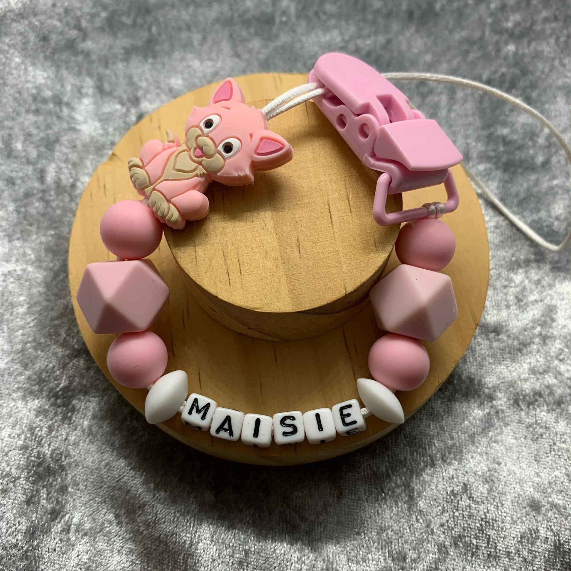 Hot Pink Cat Dummy Clip - Custom Silicone Pacifier Holder (Plastic Letter Design)