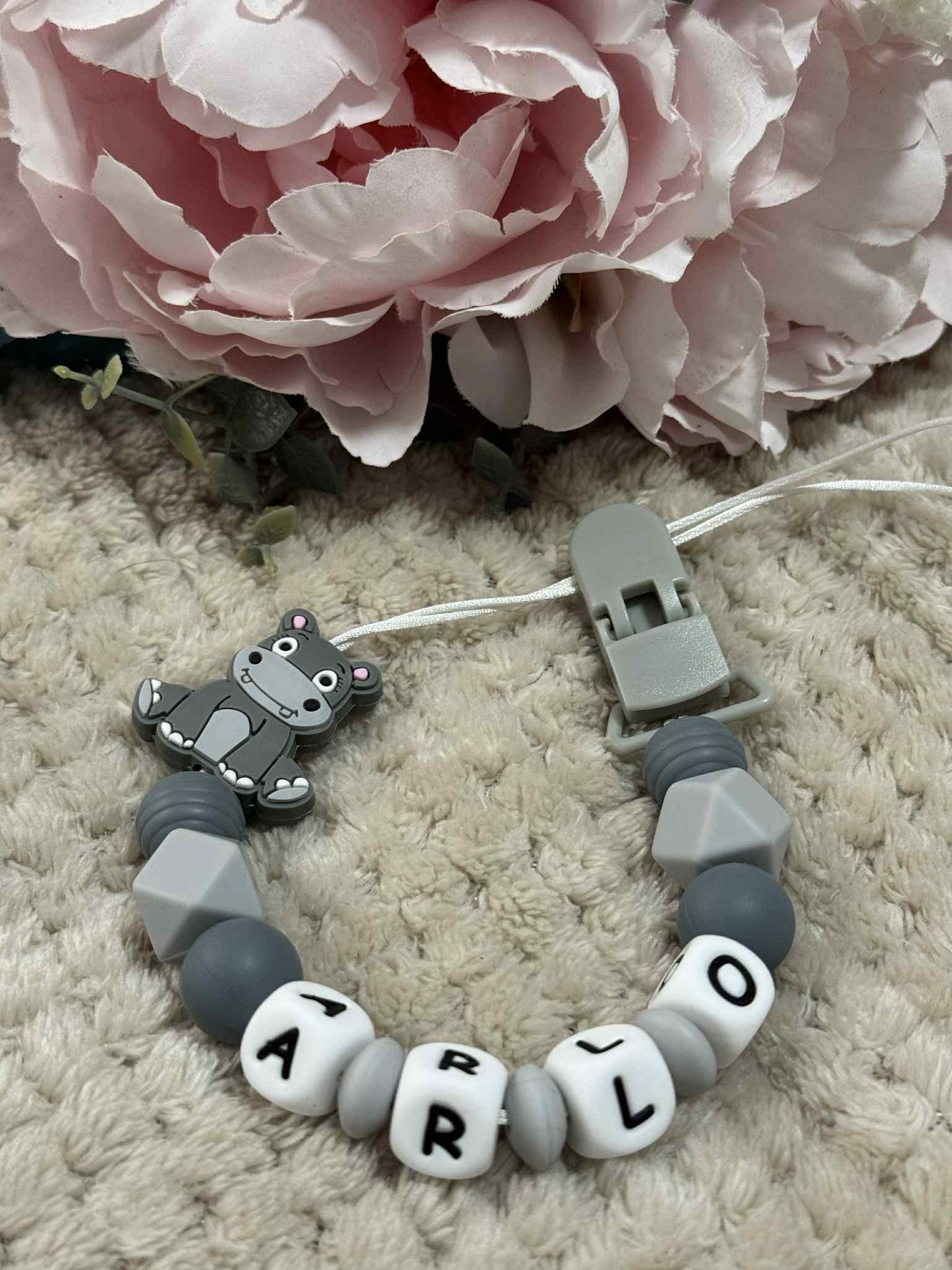 Grey Hippo Dummy Clip - Custom Silicone Pacifier Holder (Silicone Letter Design)