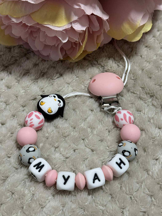 Floral Penguin Dummy Clip - Custom Silicone Pacifier Holder (Silicone Letter Design)