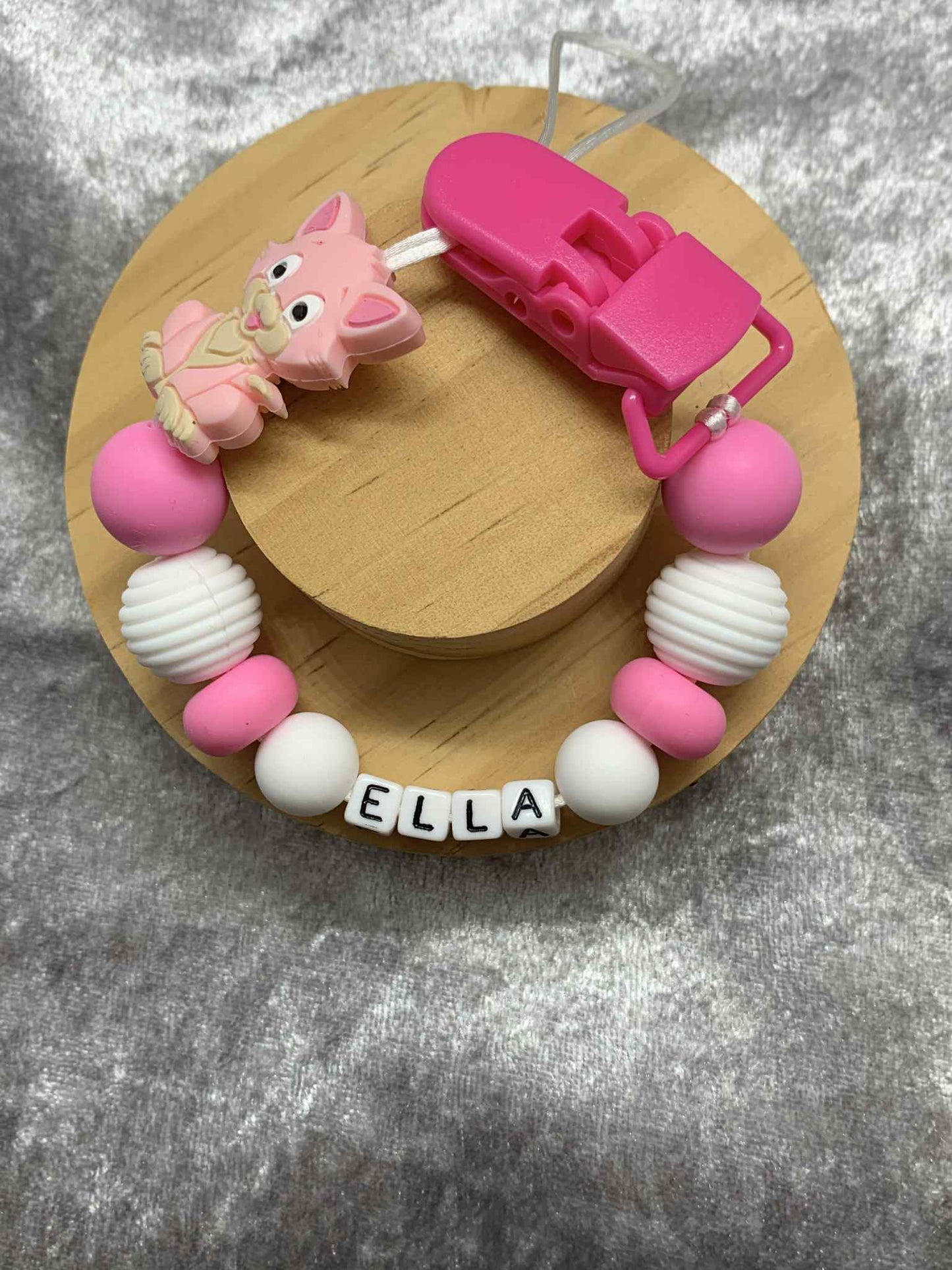 Pink Cat Dummy Clip - Custom Silicone Pacifier Holder (Plastic Letter Design)