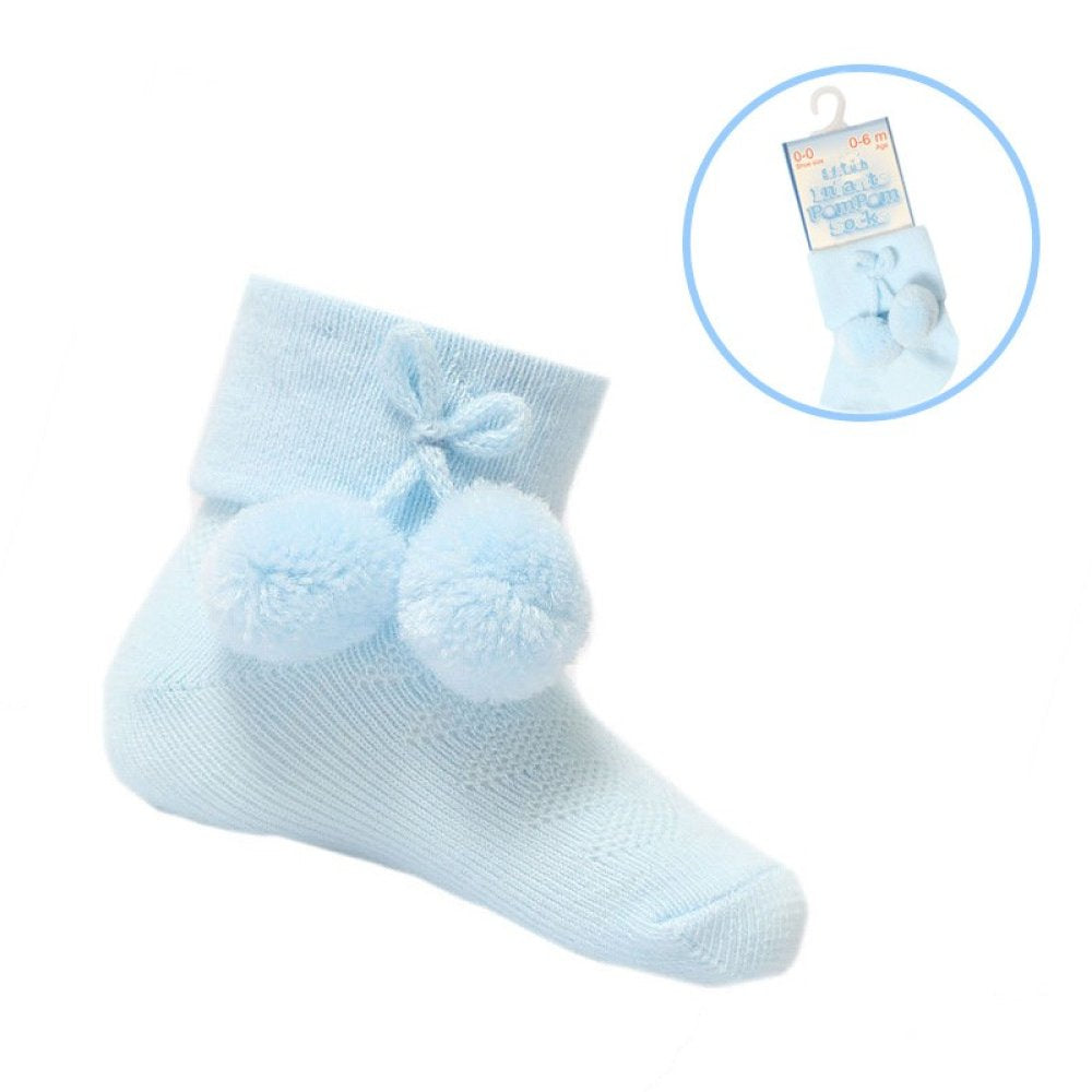 Baby Blue Ankle Pom Pom Socks - 0-24 Months