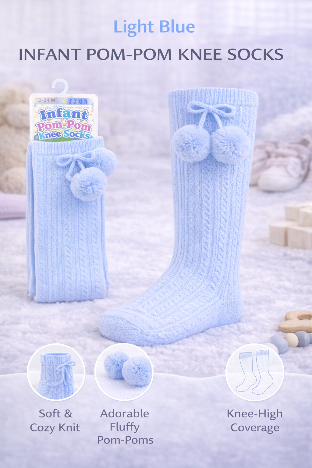 Sleeping newborn baby dressed in a soft neutral ribbed onesie, wearing baby blue knit knee-high socks with fluffy pom-poms, resting on a plush white blanket with wooden baby toys nearby.