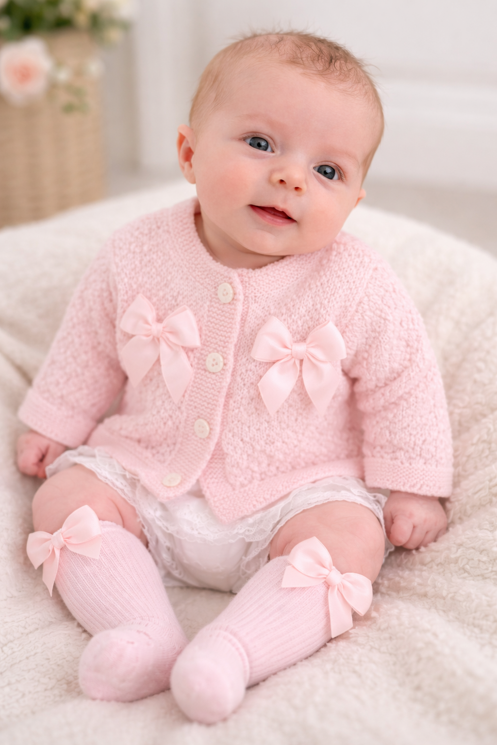 Spanish Knit Baby Cardigan Set with Bow - Pink