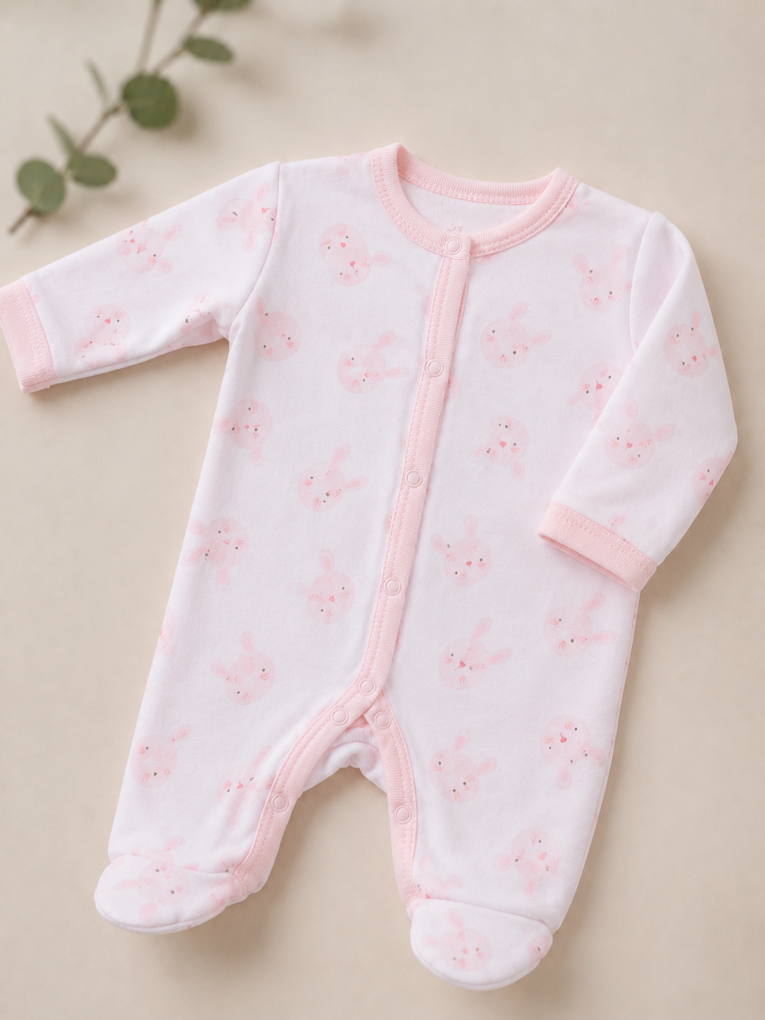 Pink baby onesie with subtle pattern on a beige background