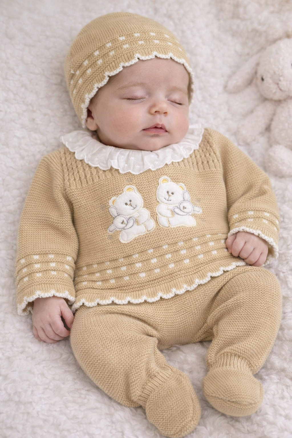 Baby in a beige knitted outfit with teddy bear design, lying on a soft surface.