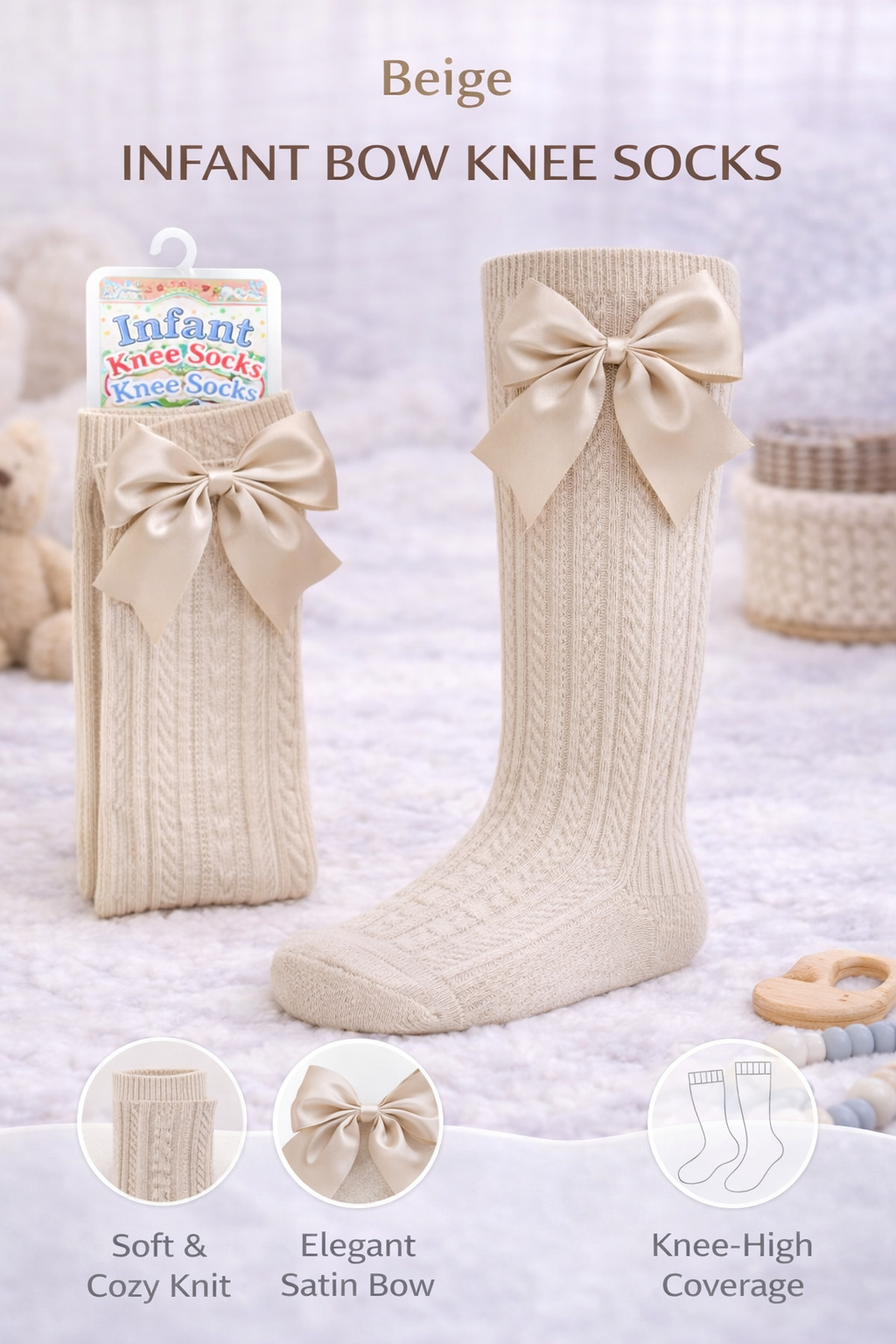 Beige Open Pattern Knee High Style Socks With Satin Bow - 0-24 Months