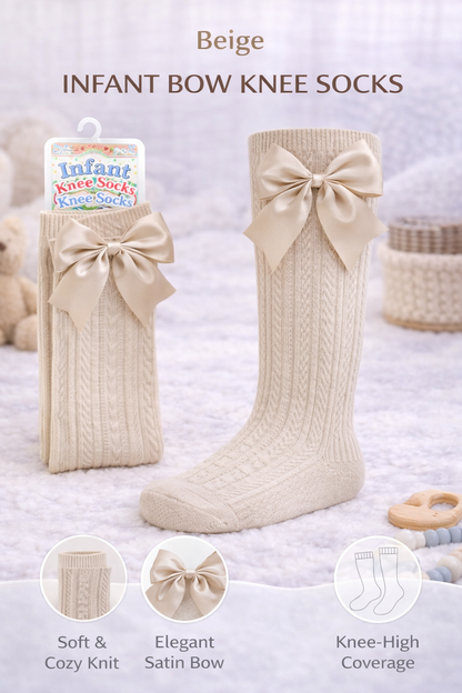 Beige Open Pattern Knee High Style Socks With Satin Bow - 0-24 Months