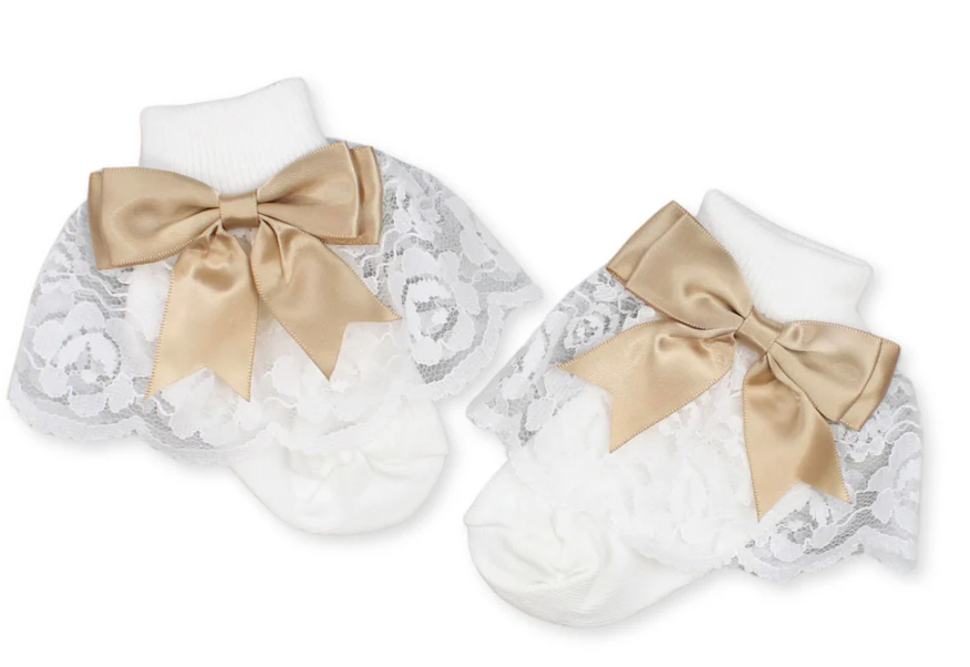 Pair of baby booties with lace design and gold bows on a white background
