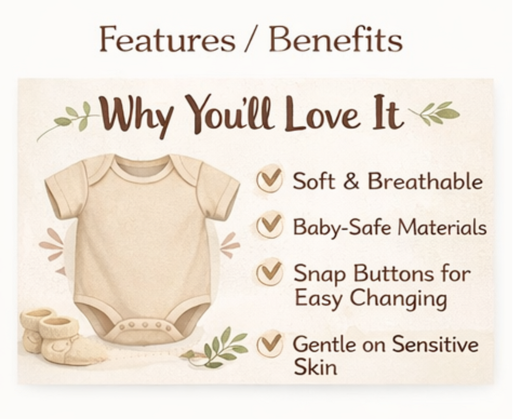 Baby onesie with features and benefits listed on a white background