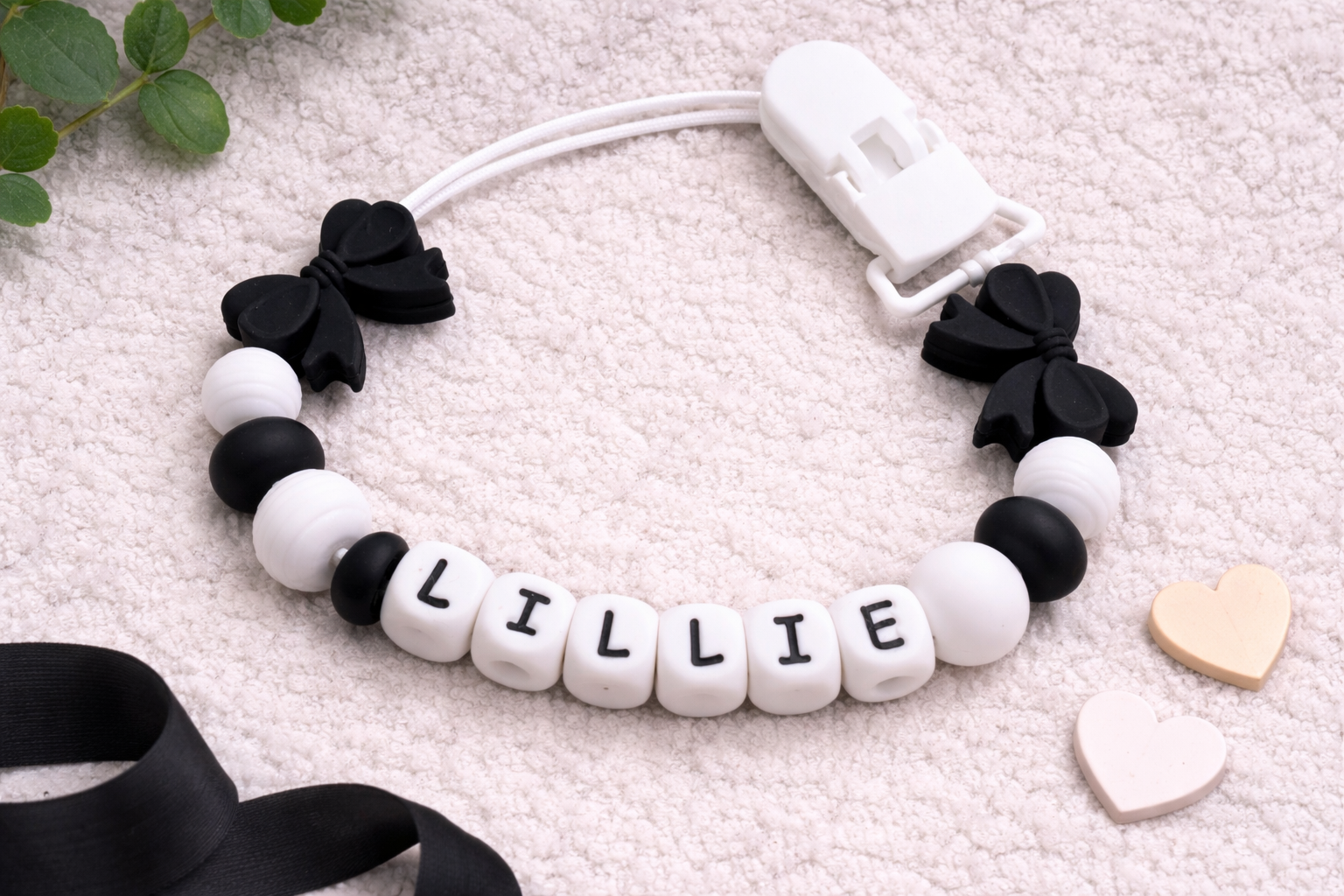personalised black and white silicone dummy clip