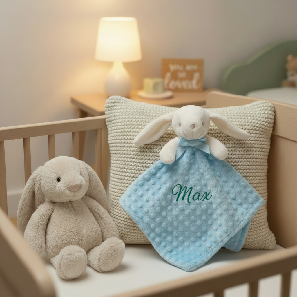 Blue Bunny Comforter - Max - Emerald Green Thread - Nursery Cot Mockup