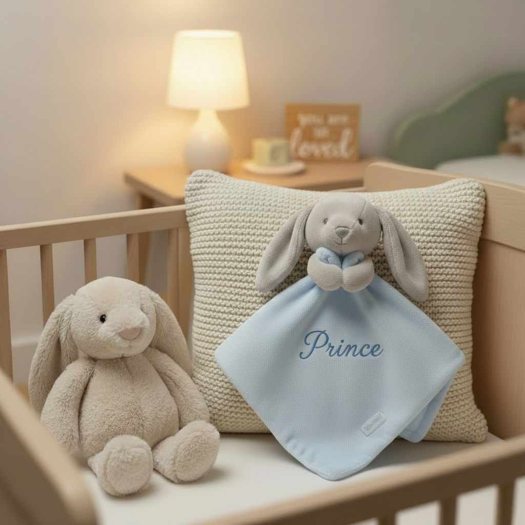 Blue & Grey Bunny Comforter - Prince - Blue Thread - Nursery Cot Mockup